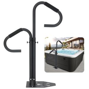 Hot Tub Handrail with 360° Rotating Dual Handles, 38-62" Adjustable Height Two-Way Hot Tub Handrails, Hot Tub Hand Rail to Get in and Out, Rustproof Carbon Steel Spa Hand Rail