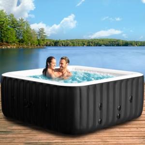 2-4 Person Inflatable Hot Tub, Square Blow Up Portable Hot Tub, Leak-Proof PVC Outdoor Spa with 120 Strong Air Jets, Heater Pump and Insulated Cover, 60” X 60”X 25”