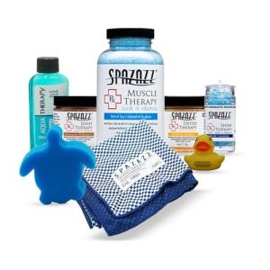 Spazazz Sports Athlete Hot Tub & Bath Salt Gift Bundle - Muscle Therapy 19 oz, Rx Joint 4oz, Detox 4oz, Aqua Therapy Re-Fresh 2.5oz, Sport Aroma Beads .5oz, scum Sponge, Hot/Cold Towel, Rubber Duck