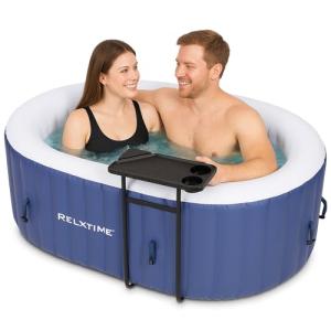 Inflatable 2 Person Hot Tub Outdoor, 100 Air Jets Portable Oval Spa with Built-in Heater Pump, Blow Up Hottub for Relaxation, Table Tray, 2 Filters, Blue