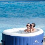 Inflatable 2 Person Hot Tub Outdoor, 100 Air Jets Portable Oval Spa with Built-in Heater Pump, Blow Up Hottub for Relaxation, Table Tray, 2 Filters, Blue