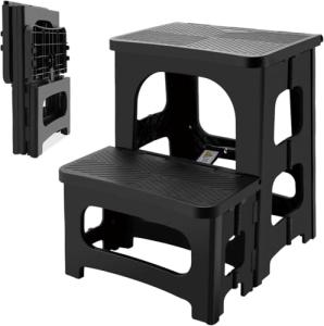 Collapsible 2-Step Stool, 8x17inch Non-Slip Hot Tub Steps Outdoor, Foldable Step Ladder, Hold up to 300 lbs, Plastic 2 Step Pool Ladder for Kitchen Office Home RV, Black (Black)