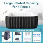 Glonerle 2-4 Person Inflatable Hot Tub, Large Square Portable Blow up Hot Tub, Leak-Proof PVC Outdoor Spa with 120 Air Jets, Insulated Cover and Heater Pump, 60” X 60” X 25”