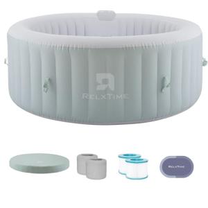 Inflatable Hot Tub Spa 2-4 Person 110 Air Jets, Portable Blow Up Hottub with Cover, Built in Heater Pump, Round Outdoor Spa, Cup Holder, 2 Filters, Green