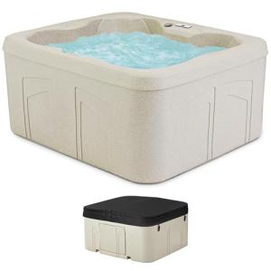 Life Smart 4 Person Plug and Play Thermal Friction Heating Square Hot Tub Spa with 13 Jets, Cover, and Multi Color LED Lighting System, Beige
