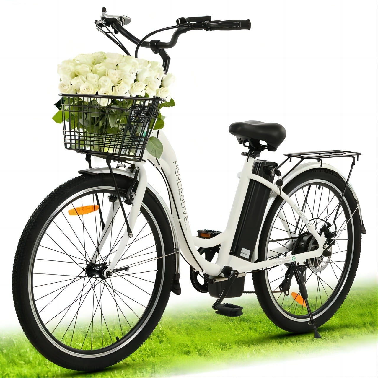 White Electric City Bike with Basket for Women