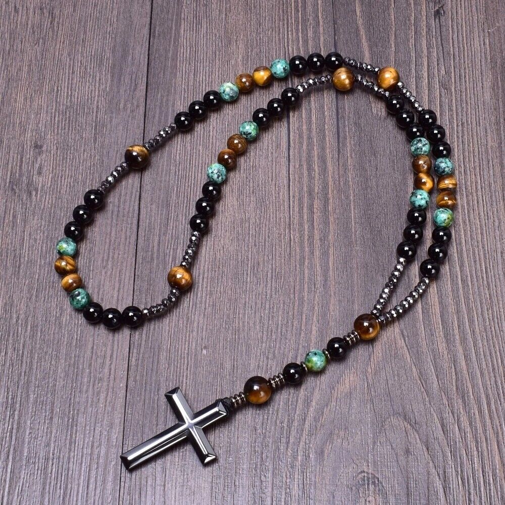 Tiger Eye Turquoise Mala Necklace with Hematite Cross
