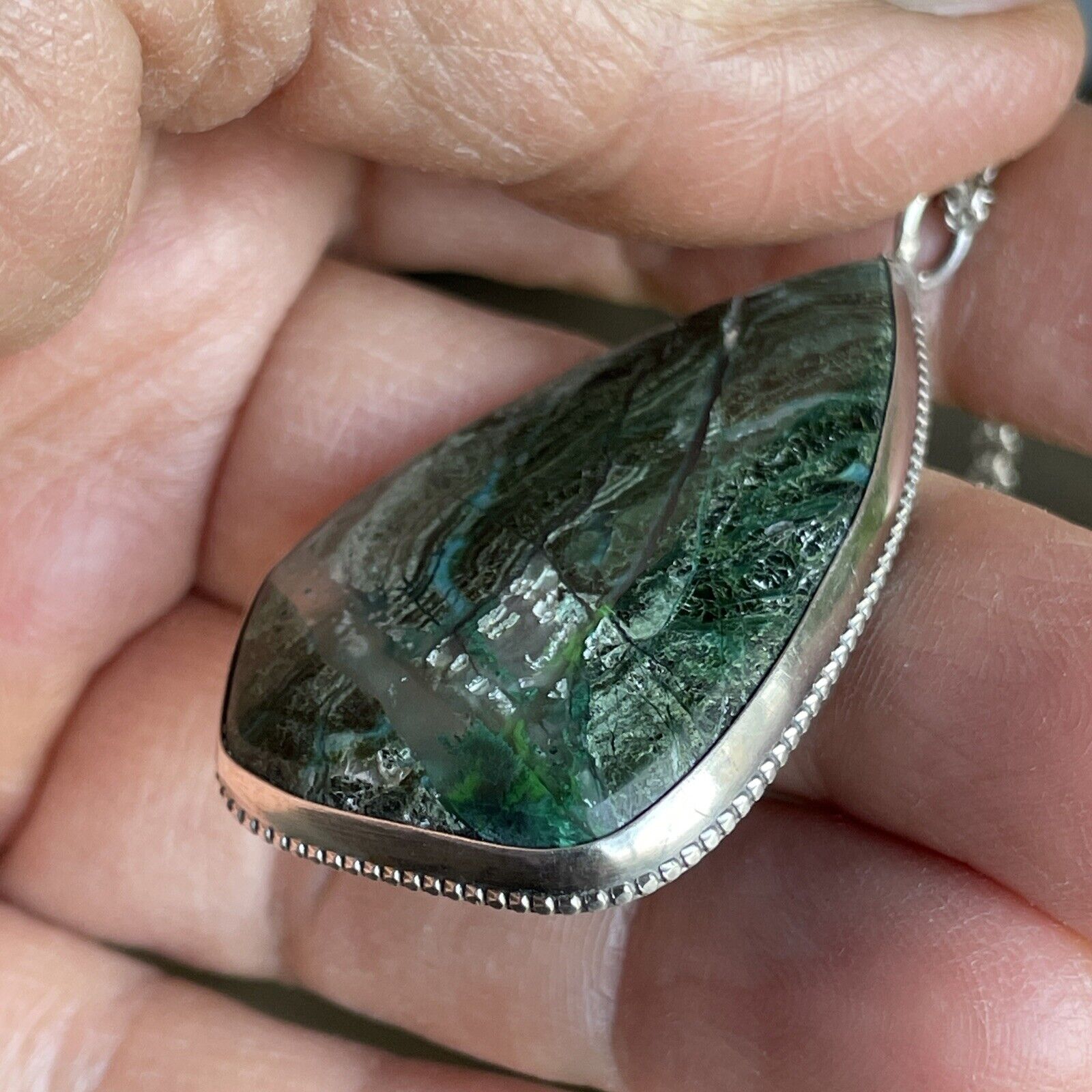 70's Sterling Silver Malachite Chrysocolla Pendant 2" Necklace