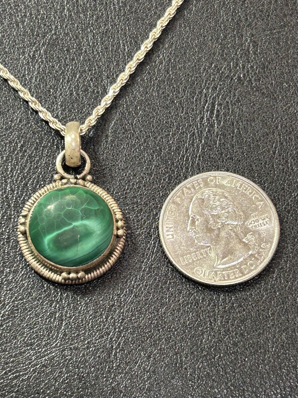 Malachite Pendant Necklace on 20" Sterling Silver Rope