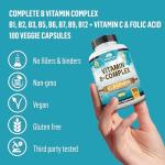 NaturaLife Labs Vitamin B Complex with Vitamin C and Folic Acid - B12, B1, B2, B3, Vitamin B5 Pantothenic Acid, B6, B7, B9 - Nervous System Support 100 Veggie Capsules