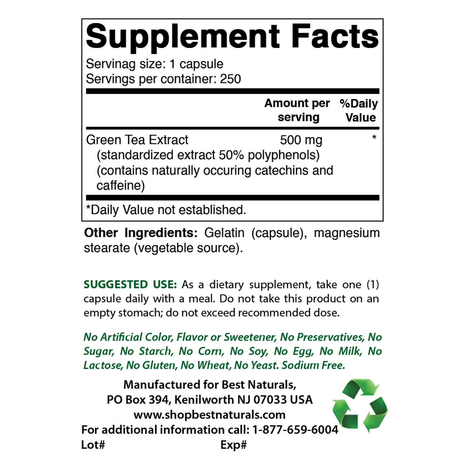 Green Tea Extract - 500mg, 250 Capsules
