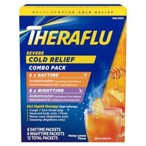 Theraflu Combo Daytime and Nighttime Severe Cold Relief Powder, Honey Lemon Flavor, 12 Count, 6 Daytime + 6 Nighttime