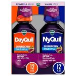 VICKS DayQuil & NyQuil Elderberry Flavor Cold & Flu Liquid Medicine Co-Pack, Multi-Symptom Relief of Headache, Fever, Sore Throat, Minor Aches & Pains, Sneezing, Runny Nose, and Cough, 2x12oz