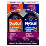 VICKS DayQuil & NyQuil Elderberry Flavor Cold & Flu Liquid Medicine Co-Pack, Multi-Symptom Relief of Headache, Fever, Sore Throat, Minor Aches & Pains, Sneezing, Runny Nose, and Cough, 2x12oz