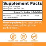 Doctor's Best Vitamin D3 5000IU, Non-GMO, Gluten & Soy Free, Regulates Immune Function, Supports Healthy Bones, White, No Flavour, 180 Count