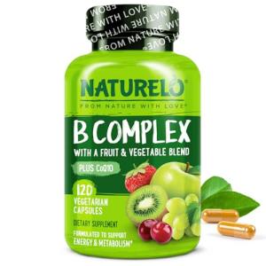 NATURELO Vitamin B Complex with Methyl B12, Methyl Folate, Vitamin B6, Biotin Plus Choline, CoQ10, and Fruit & Vegetable Blend - Supports Energy & Healthy Stress Response - Vegan - 120 Capsules