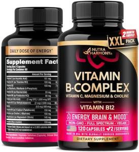 Vitamin B Complex for Men & Women - Made in USA - B-Complex: B1, B2, B3, B5, B6, B7, B8, B9, B12 with Vitamin C, Choline, Inositol - Energy, Brain & Heart Support Supplement, 120 Vegan Capsules