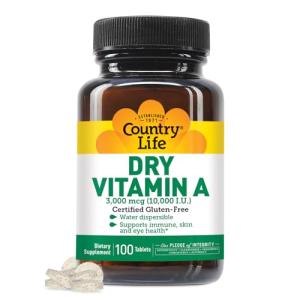 Country Life Vitamin A 10,000 IU - Immune Support, Skin & Eye Health Supplement, Certified Gluten-Free, Vegan, Halal, Kosher, 50% Beta-Carotene & 50% Retinyl Palmitate, Easy Absorption - 100 Tablets