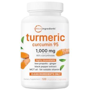 Micro Ingredients Turmeric Curcumin Supplement 1,000mg, 120 Veggie Capsules | 95% Curcuminoids with Bee Propolis, MCT Oil, Vitamin C & Black Pepper | Enhanced Absorption | Vegan, Non-GMO, Filler Free
