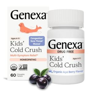 Genexa Kids Cold Crush | Multi-Symptom Cough & Cold, Sore Throat, Congestion Relief for Children | Acai Berry Flavor | Organic & Non-GMO | Homeopathic Remedy Made Clean | 60 Chewable Tablets Age 4-11