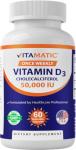 Vitamatic Vitamin D3 50,000 IU (as Cholecalciferol), Once Weekly Dose, 1250 mcg, 60 Veggie Capsules 1 Year Supply, Progressive Formula Helping Vitamin D Deficiencies (60 Count (Pack of 1))