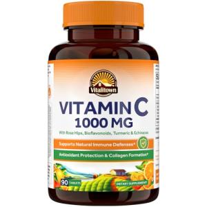 Vitalitown Vitamin C Complex 1000mg with Rose HIPS, Bioflavonoids, Turmeric & Echinacea, Daily Immune Support, Collagen Booster & Powerful Antioxidant, Vegan, 90 Tablets