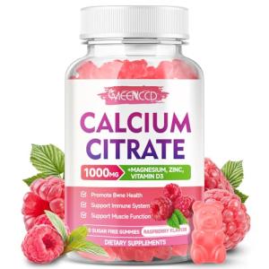 Calcium Citrate Gummies 1000mg w/Vitamin D3, High Absorption Calcium Supplement for Women & Men, Plus Magnesium, Potassium, Zinc for Muscle & Immune, Sugar-Free, Raspberry Flavor, 60 Count