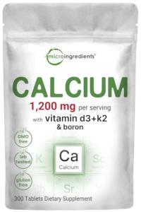 Micro Ingredients Calcium 1,200mg with Vitamin D3 & K2, 300 Tablets | Calcium Supplements for Women & Men | Mineral Complex Support Bone, Teeth, Colon & Cardiovascular Health | Non-GMO, Gluten-Free