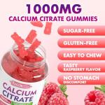 Calcium Citrate Gummies 1000mg w/Vitamin D3, High Absorption Calcium Supplement for Women & Men, Plus Magnesium, Potassium, Zinc for Muscle & Immune, Sugar-Free, Raspberry Flavor, 60 Count