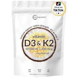 Micro Ingredients Vitamin D3 10,000 IU + K2 MK-7 200 mcg, 300 Softgels | Virgin Coconut Oil | 2-in-1 Bone, Immune & Heart Support | Easy to Swallow, Non-GMO