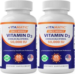 Vitamatic 2 Pack Vitamin D3 50,000 IU (as Cholecalciferol), Once Weekly Dose, 1250 mcg, 60 Veggie Capsules 1 Year Supply, Progressive Formula Helping Vitamin D Deficiencies (Total 120 Veg Capsules)
