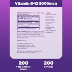 Natrol Vitamin B12 5,000 mcg, Fast Dissolve Vitamin B12 Supplement Supports a Healthy Nervous System and Energy Metabolism, 200 Tablets, Up to a 200 Day Supply