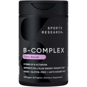 Sports Research Vitamin B-Complex - Full Spectrum of B Vitamins - Plant-Based Vegan-Friendly Formula - 120 Veggie Softgels