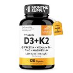 Sandhu's Vitamin D3 K2 Magnesium 5000 IU, 120mcg K2 Capsules 120 Count (Pack of 1) | with VIT B6, Zinc & Quercetin | D3K2 Supports Superior Absorption, Energy, Immune, Muscle Health for Men & Women