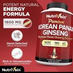 Nutrivein Korean Red Panax Ginseng 1600mg – Extra Strength Formula – 180 Capsules – Boost Energy, Mental Focus & Immune Health Naturally