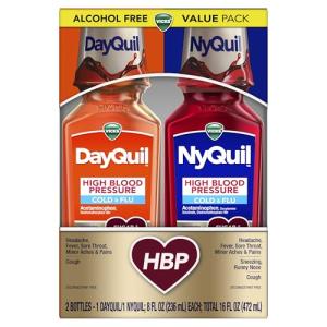 VICKS DayQuil & NyQuil High Blood Pressure Cold & Flu Relief Liquid Medicine Co-Pack, Powerful Multi-Symptom Daytime & Nighttime Relief for Cold, Cough, and Flu Symptoms, Sugar & Alcohol Free, 2x8oz