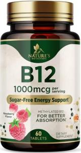 Vitamin B12 (Methylcobalamin) 1000 mcg - Chewable Tablet for Energy, Nervous System & Brain Support - Maximum Strength, Fast Dissolve, Vegan, Gluten-Free, Non-GMO for Women & Men - 60 Tablets