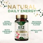Vitamin B12 (Methylcobalamin) 1000 mcg - Chewable Tablet for Energy, Nervous System & Brain Support - Maximum Strength, Fast Dissolve, Vegan, Gluten-Free, Non-GMO for Women & Men - 60 Tablets