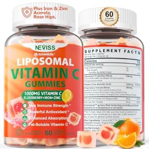 Liposomal Vitamin C 1000mg Gummies for Adults - Vitamin C Chewable 1500mg with 8mg Iron, Zinc & Elderberry - Immune Support, Immune Booster Supplement - for Energy, Collagen Booster, 1Pack Sugar Free