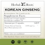 Herbal Roots Panax Ginseng | Organic Korean Ginseng Root Powder | 1000mg | High Ginsenosides for Energy & Performance | 60 Vegan Capsules