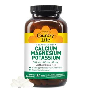 Country Life Target Mins - Calcium Magnesium Potassium Bone & Heart Health Supplement, 1000mg Calcium, 500mg Magnesium, Supports Calcium Utilization, 180 Tablets – Certified Gluten Free & Vegan