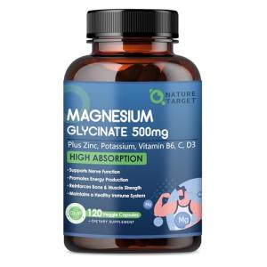 NATURE TARGET Magnesium Glycinate 500mg, Chelated Magnesium with Zinc & Vitamin D3 for Muscle, Nerve & Bone, Support Heart Health & Leg Cramp, Strength Immune System - 120 Capsules