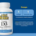 Natural Factors, Vitamin D3 1000 IU (25 mcg), Supports Strong Bones, Muscles and Immune Function, 180 Tablets