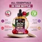 Liquid Iron Supplement for Women 18 mg - USDA Organic Iron Drops - with Folate, Vitamin B12 & B6 - Iron Level & Energy - Gentle & High Absorption Glycinate Form - Cherry Flavor, Sugar-Free - 4 fl oz