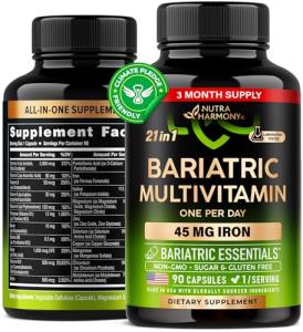 Bariatric Multivitamin - 45 mg Iron Supplements - Made in USA - for Women & Men - All-in-One, 21 Essential Vitamins - Gastric Sleeve Support - Free of Sugar, Gluten & Soy - 90 Capsules, Once Daily