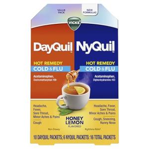 Vicks DayQuil & NyQuil Hot Remedy Cold & Flu Powder Mix, Over-The-Counter Medicine, Value Pack, Fast Relief for Headache, Fever, Sore Throat, Minor Aches and Pains, and Cough, 16 Packets