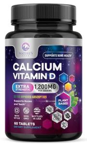 Calcium 1200 mg with Vitamin D3, Calcium Supplement Vitamins, Bone, Teeth & Immune Health Support, Calcium Supplements with D for Women & Men, Nature's Absorbable Calcium Carbonate - 60 Tablets