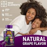 Iron Dinosaur Gummies for Kids with Vitamin C | Sugar-Free, Vegan, Gluten-Free & Non-GMO | Anemia Relief, Energy & Blood Health Support | Grape Flavor, Pectin-Based for Optimal Health