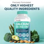 4-in-1 Calcium Supplements for Women and Men - Calcium with Vitamin D3 K2 5000 IU Supplement, 601mg per Serving - Gluten-Free, Vegan-Friendly (120 ct)