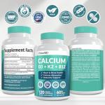 4-in-1 Calcium Supplements for Women and Men - Calcium with Vitamin D3 K2 5000 IU Supplement, 601mg per Serving - Gluten-Free, Vegan-Friendly (120 ct)
